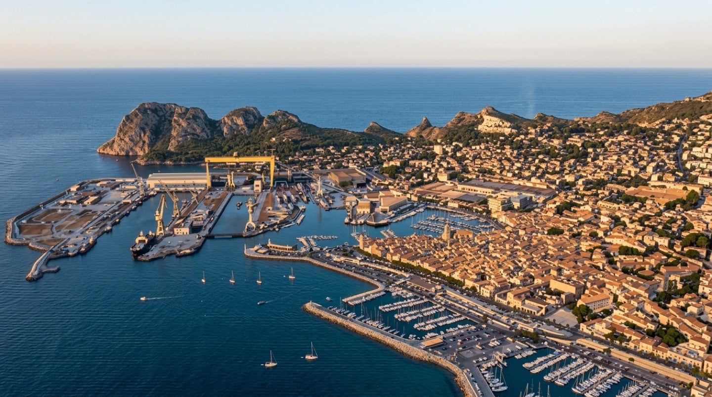 Vue aérienne de La Ciotat au coucher du soleil — chantier naval, Cap Canaille et vieux port