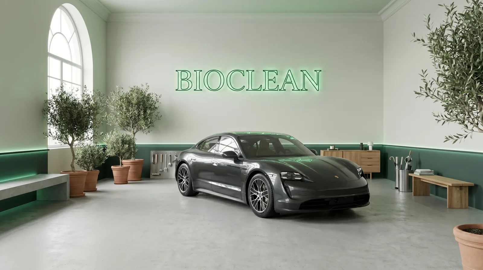 Bioclean studio — premium car in the écru atelier with a green BIOCLEAN neon sign on the back wall