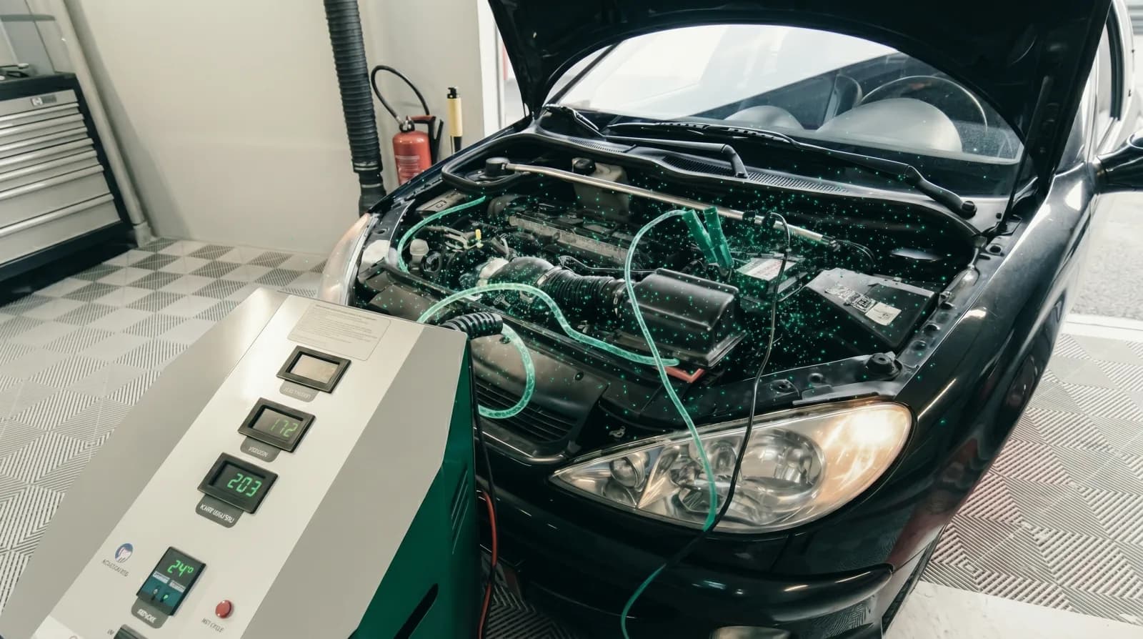 Hydrogen decarbonization — hydrogen station connected to a car engine with the hood open in the workshop, green particles symbolizing carbon-deposit cleaning