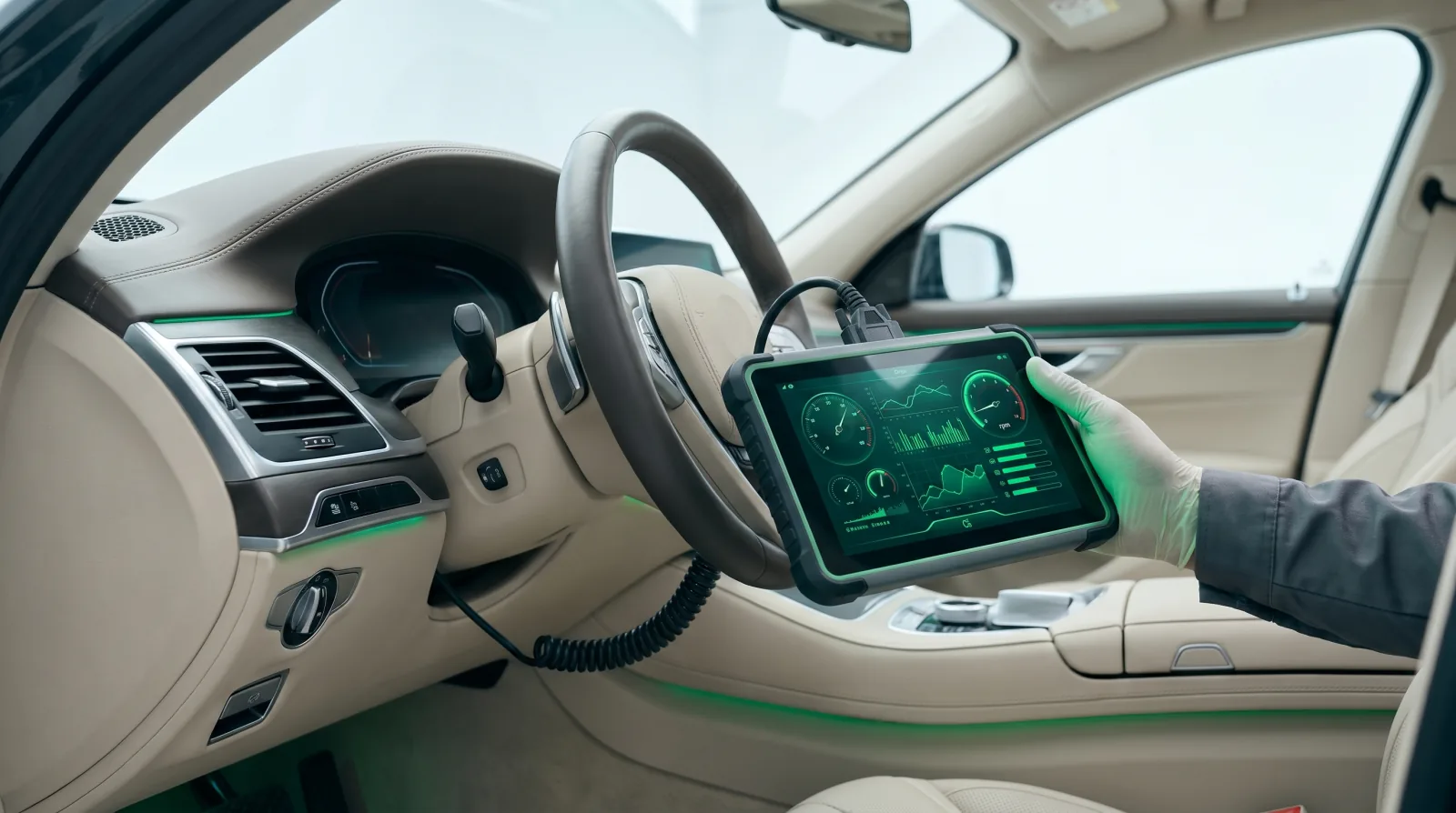 Diagnostic électronique à la valise OBD branchée sur la prise OBD-II d'un véhicule