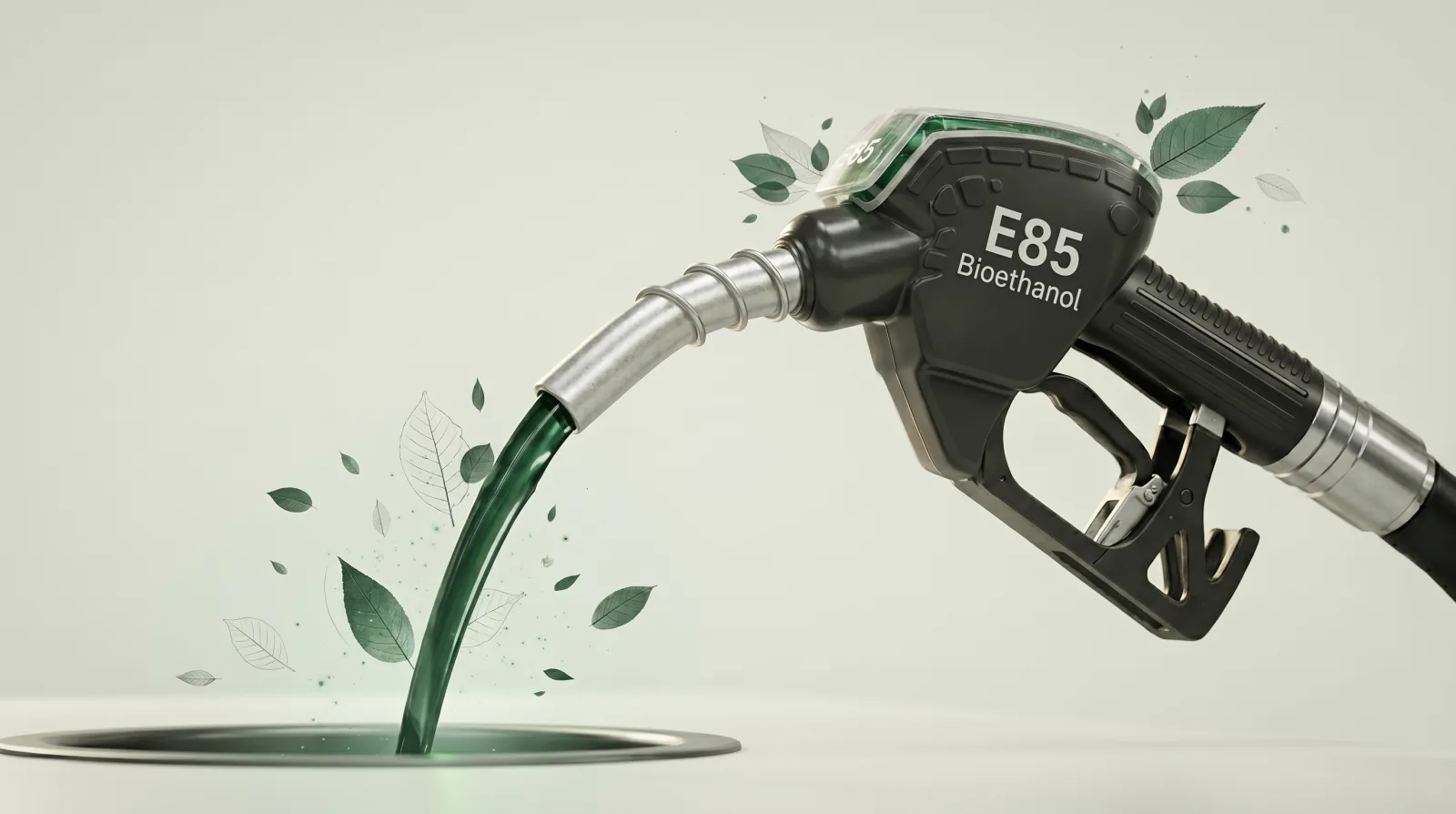 Pistolet E85 bioéthanol versant un carburant vert avec des feuilles — conversion automobile écologique