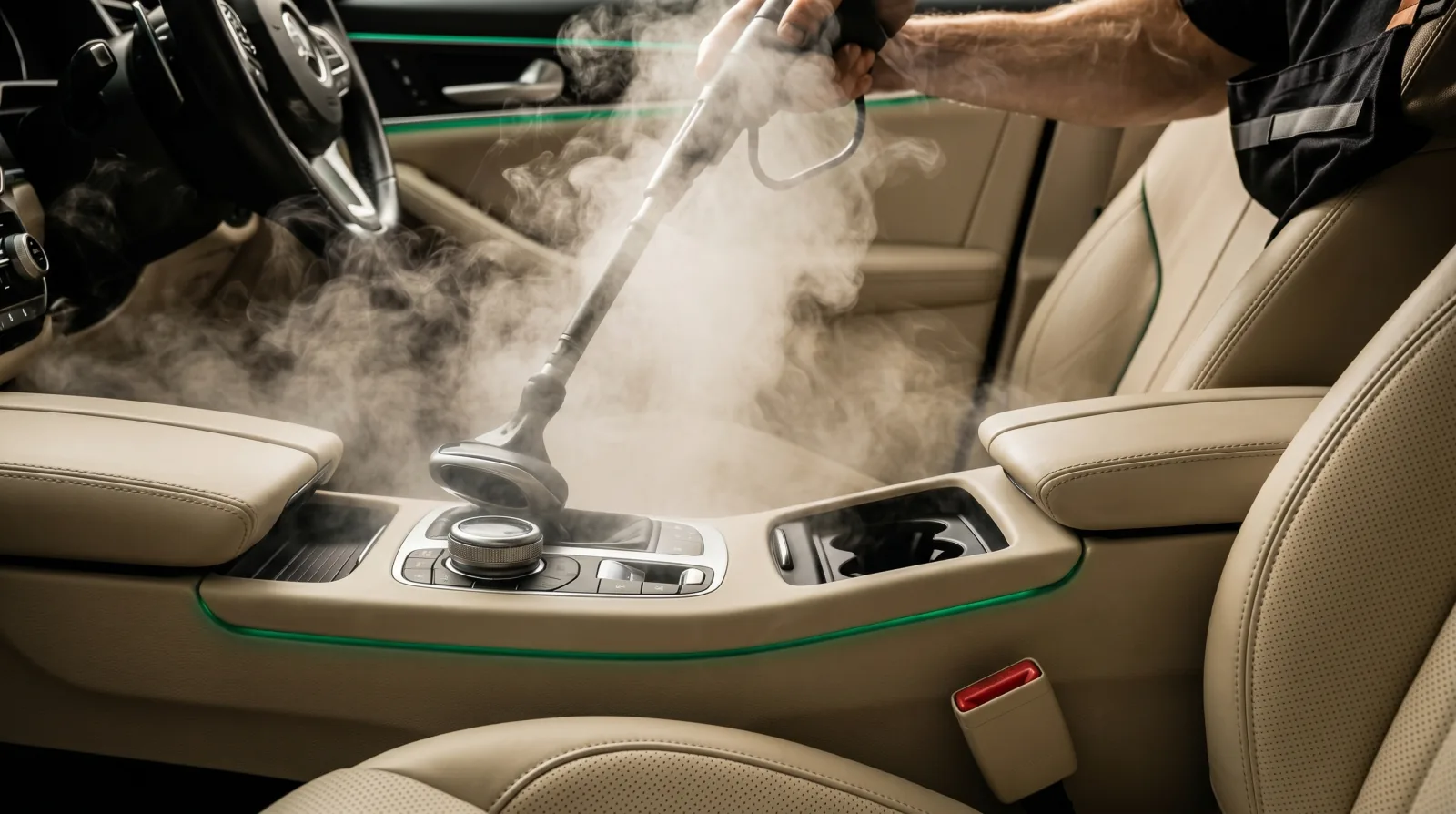 Nettoyage vapeur de l'habitacle d'une voiture — atelier Bioclean