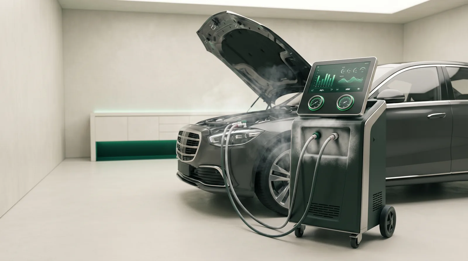 Recharge climatisation — station A/C branchée au circuit d'un véhicule, manomètres et écran verts