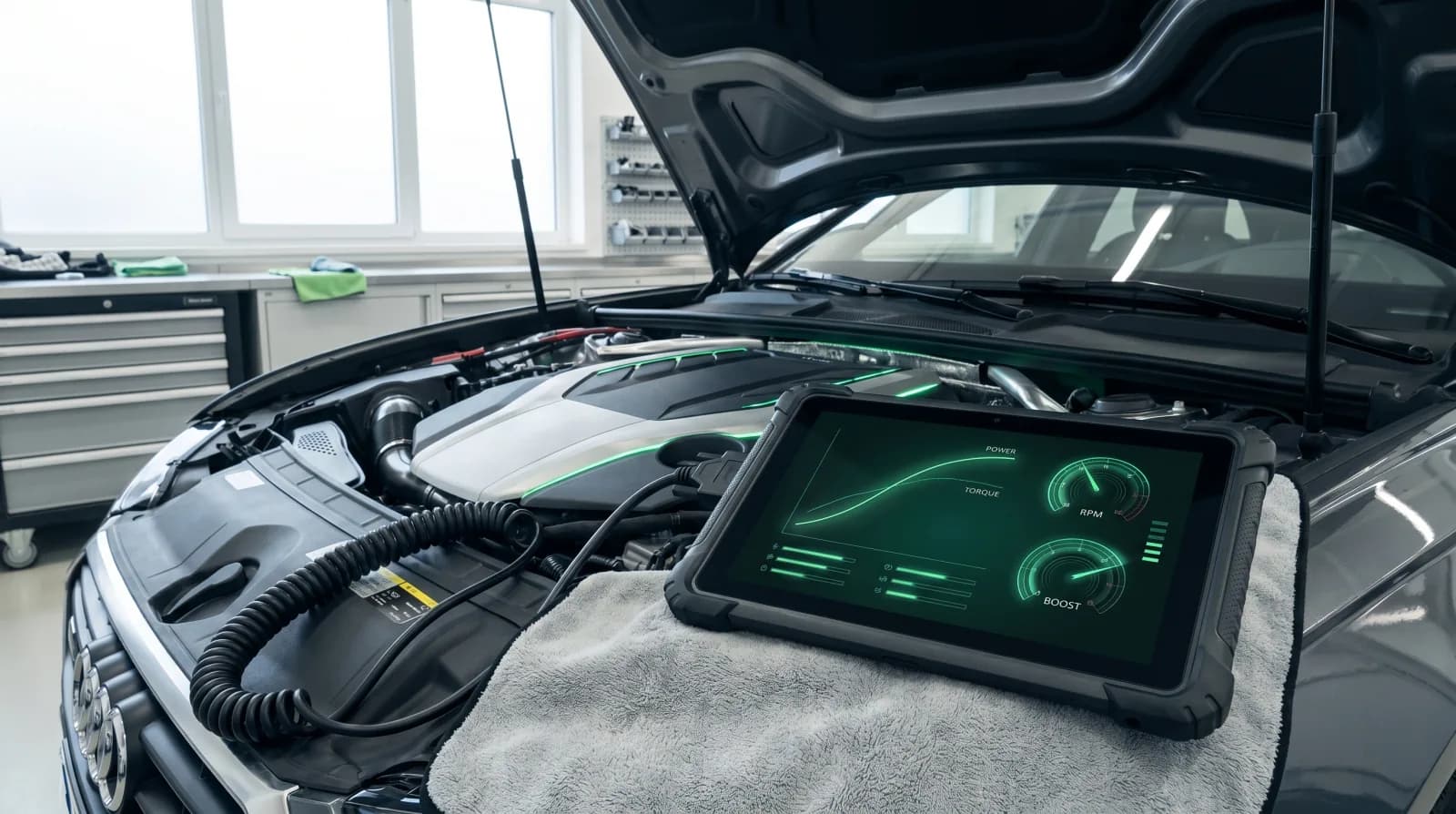 Engine remapping — diagnostic tablet showing a green power curve on an open engine
